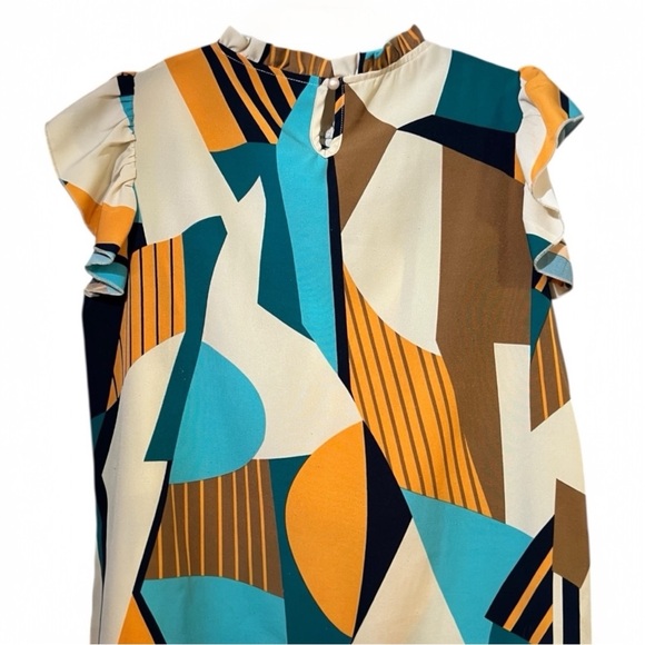 Color Block Ruffle Blouse – Faux Pearl Collar, Size M - Picture 2 of 8